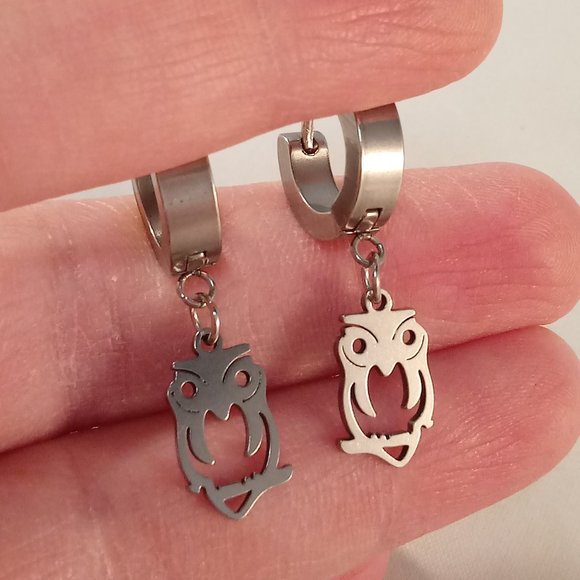 Mens Silver Stainless Steel Owl Smooth Hoop Drop Dangle Earrings Party Gift - Picture 4 of 4